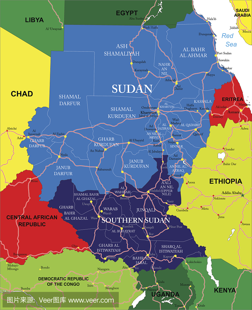 苏丹和周边国家的彩色地图