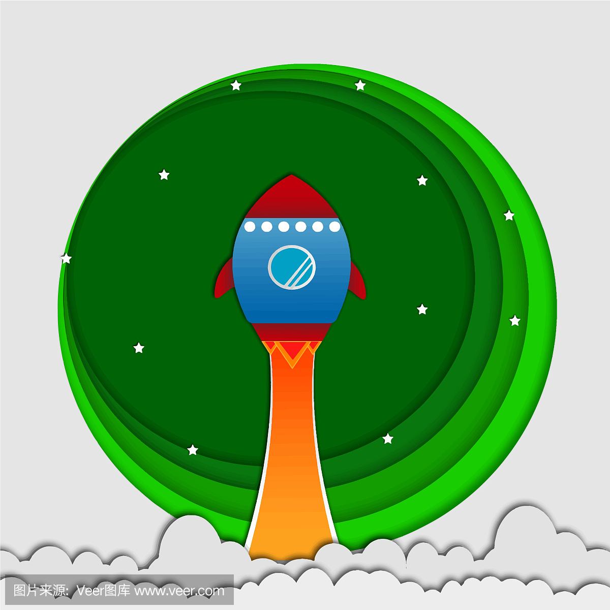 火箭在太空纸艺术折纸设计概念矢量图