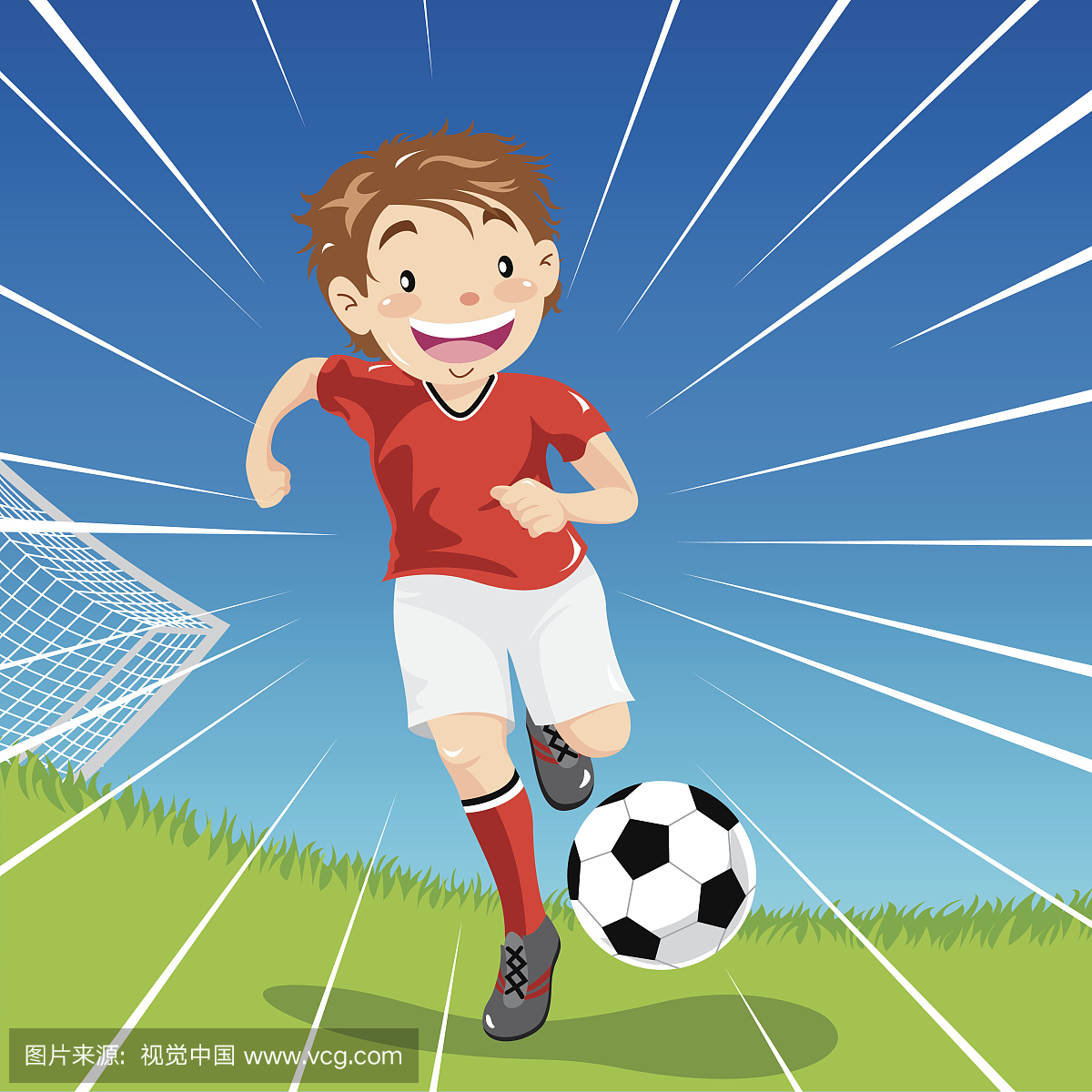 年轻的卡通男孩运球足球下来