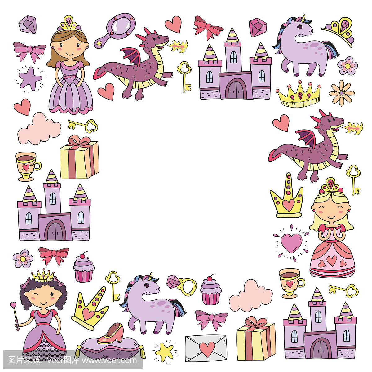 一套涂鸦公主和幻想图标和设计元素的邀请和贺