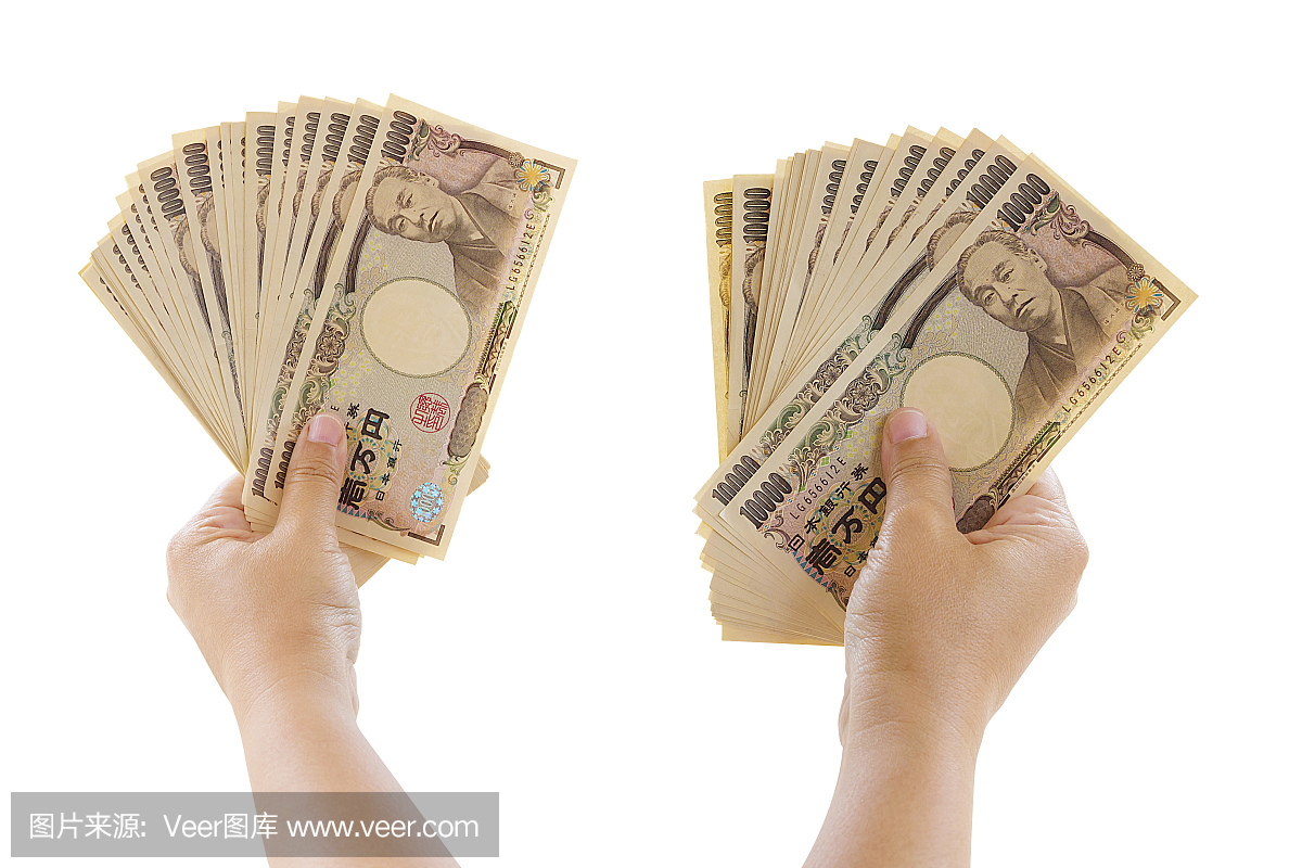 拿着10,000日元票据的钞票妇女手被隔绝在白
