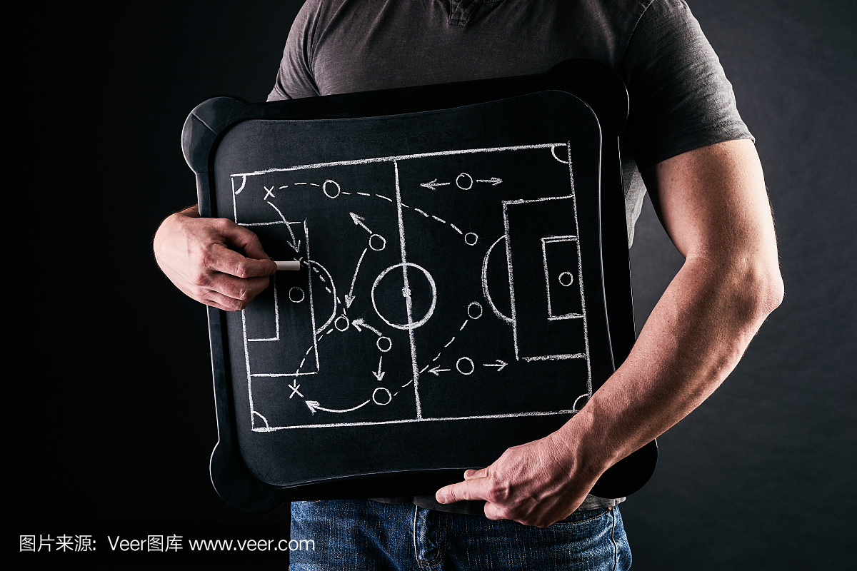一个足球或足球运动教练的手在白色粉笔在黑板