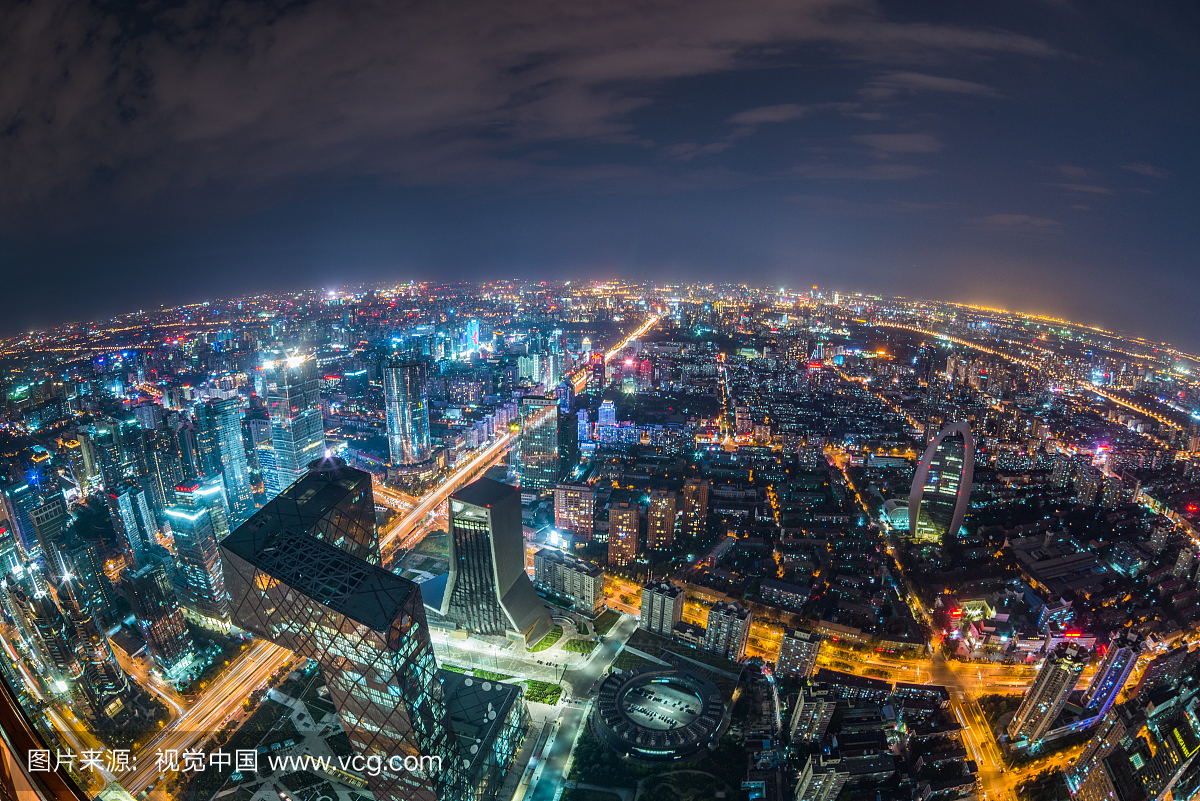 Fisheye View of Beijing Skyline at Night