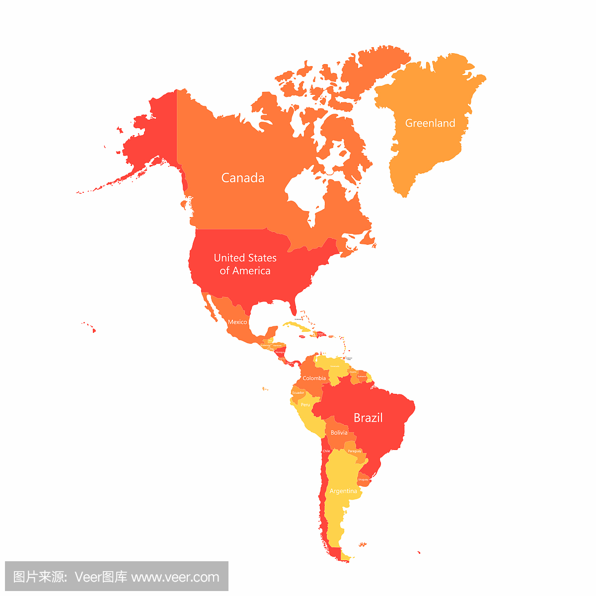 矢量南美洲和北美地图与国家边界。抽象的红色