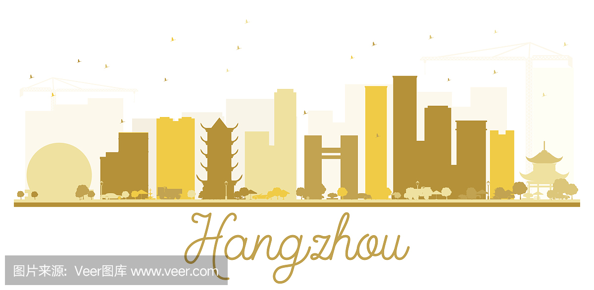 杭州城市天际线金色剪影。