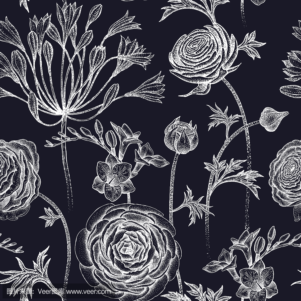 Seamless pattern with spring flowers white on b