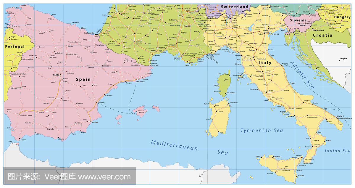 西班牙和意大利地图