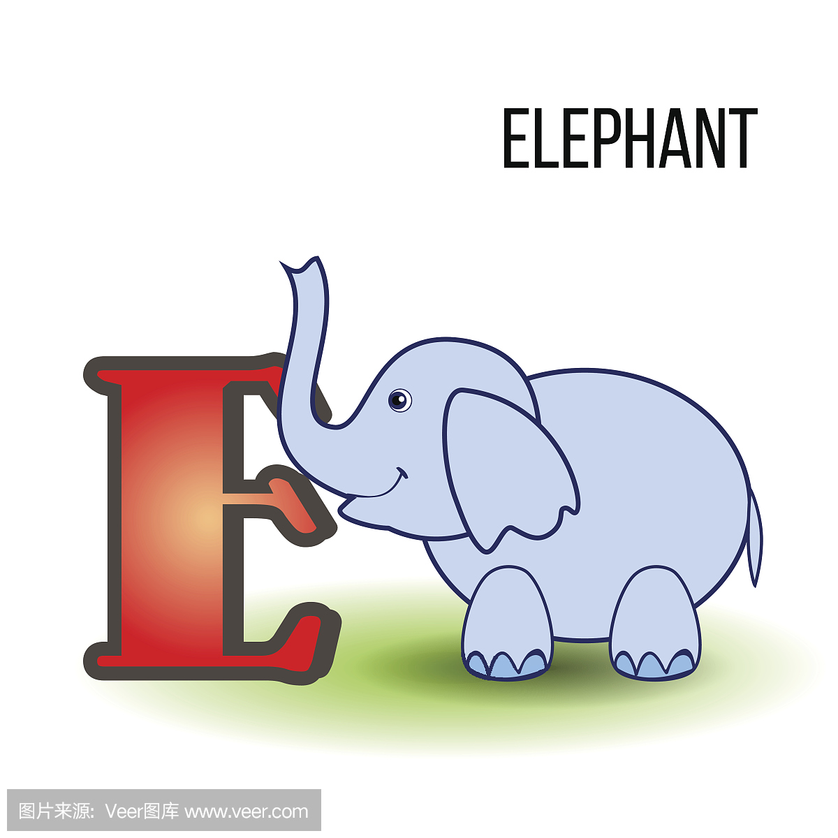 可爱的动物园英文字母E与大象卡通,矢量彩色插
