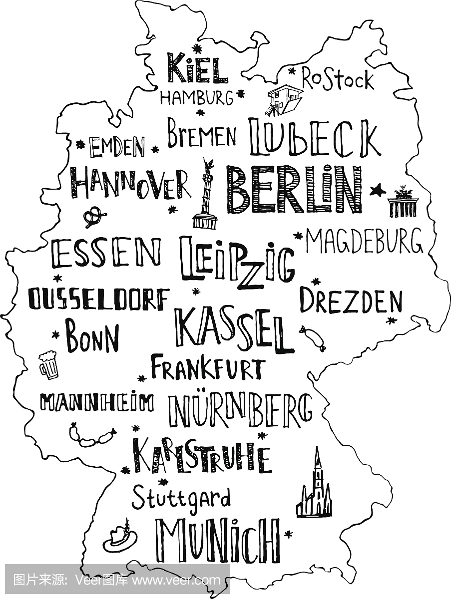 德国手绘地图,主要城市和主要标志。德国手写