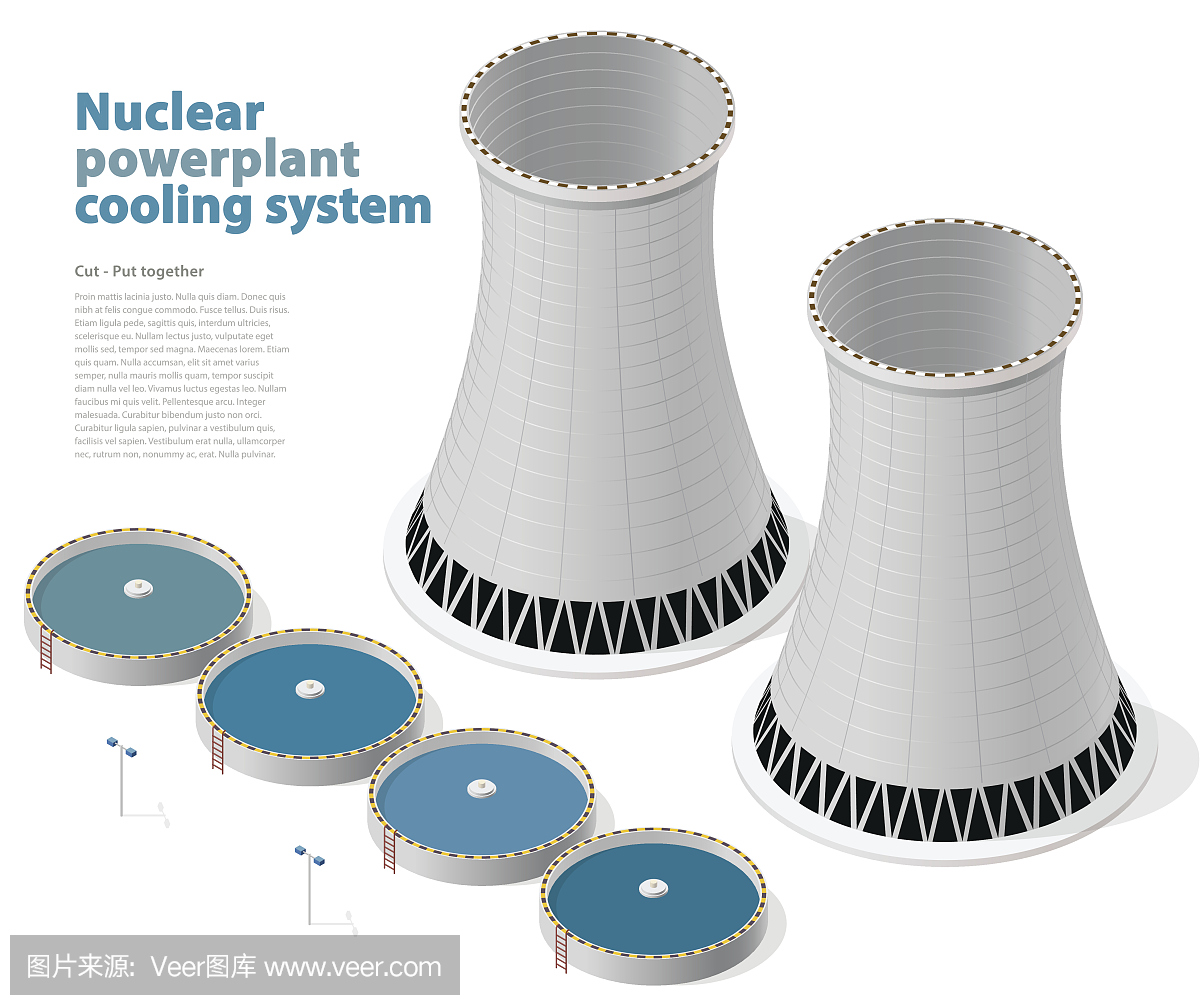 矢量等轴冷却系统,孤立核电厂,白色背景。