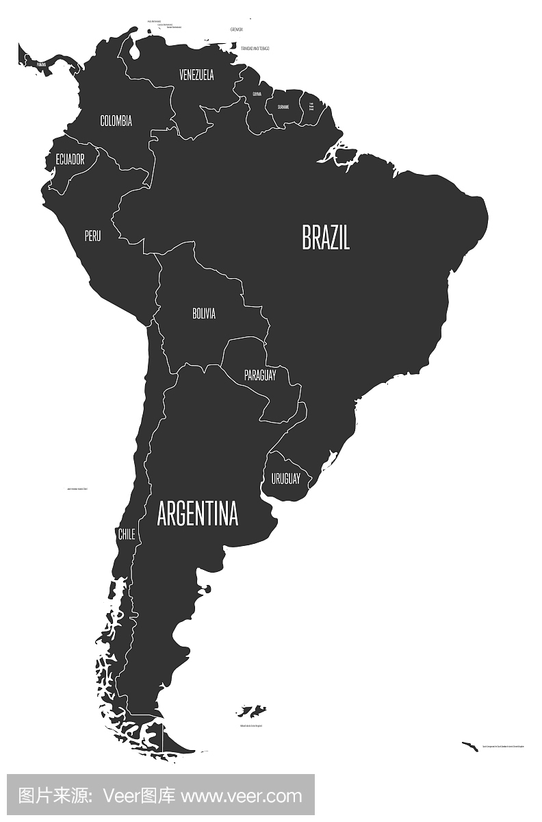 南美洲的政治版图。与国家名称标签在灰色的简