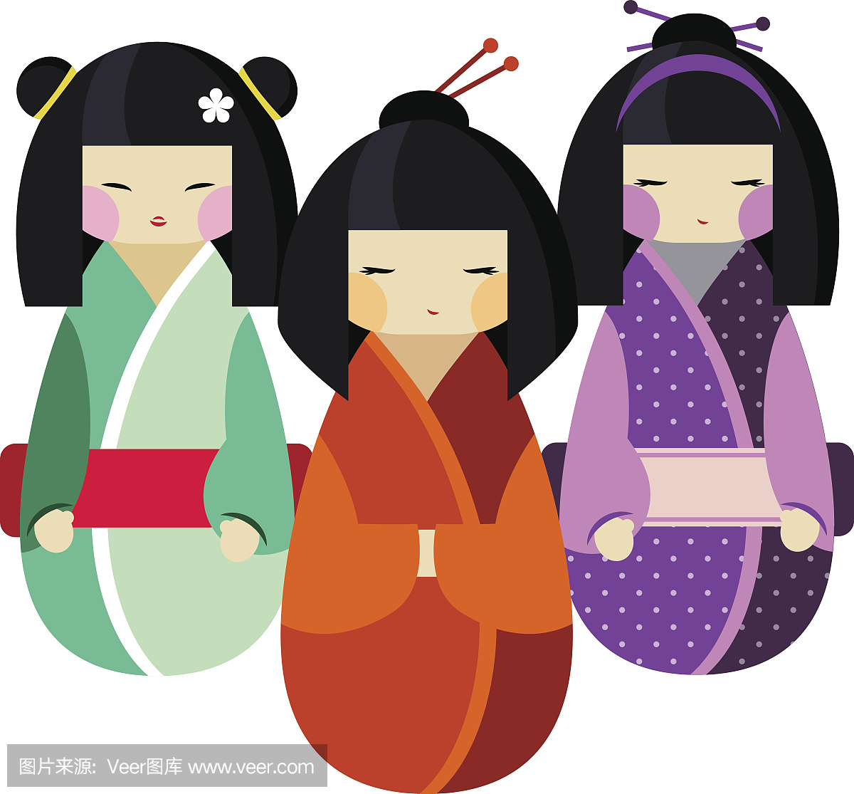 Kokeshi娃娃设置在和服平面风格插图,日本玩具