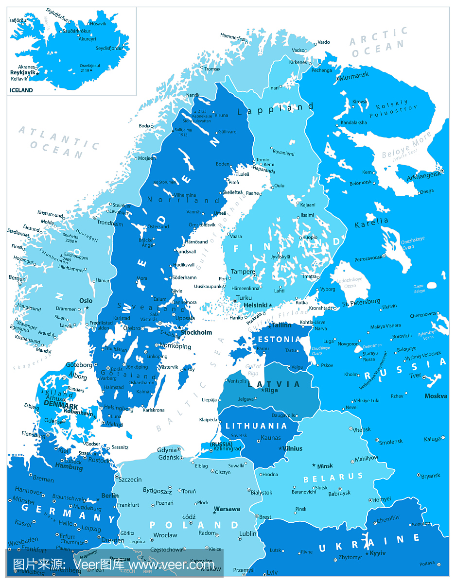 北欧地图在五个蓝色的阴影