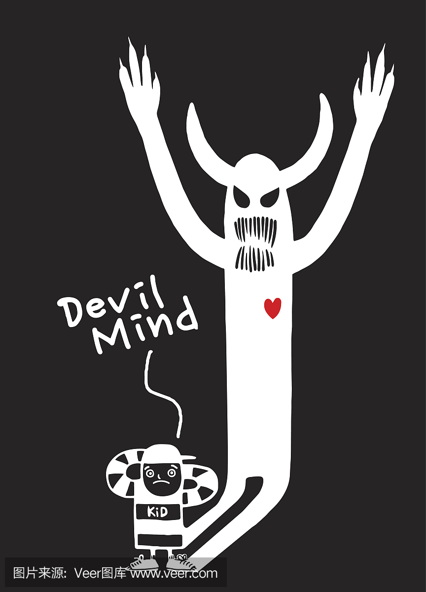 有恶魔影子的男孩来自他内心。向量