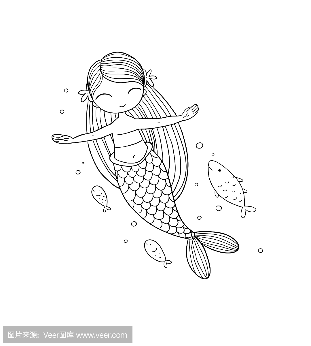 可爱的卡通小美人鱼。警笛。海主题。