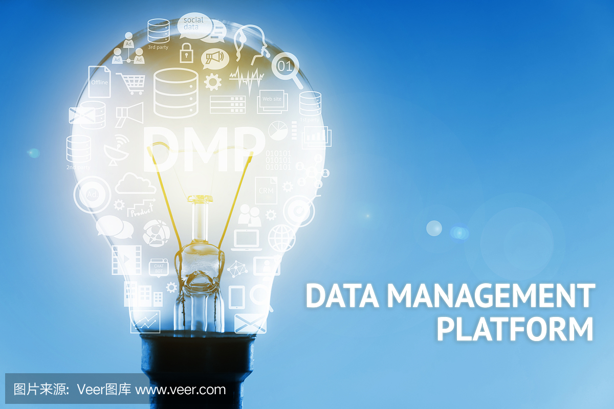 数据管理平台(DMP)概念。灯泡,信息,文本和蓝