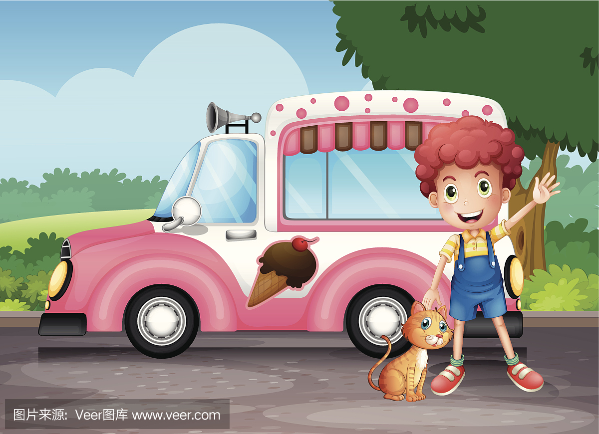 男孩和他的猫在粉红色的公共汽车附近