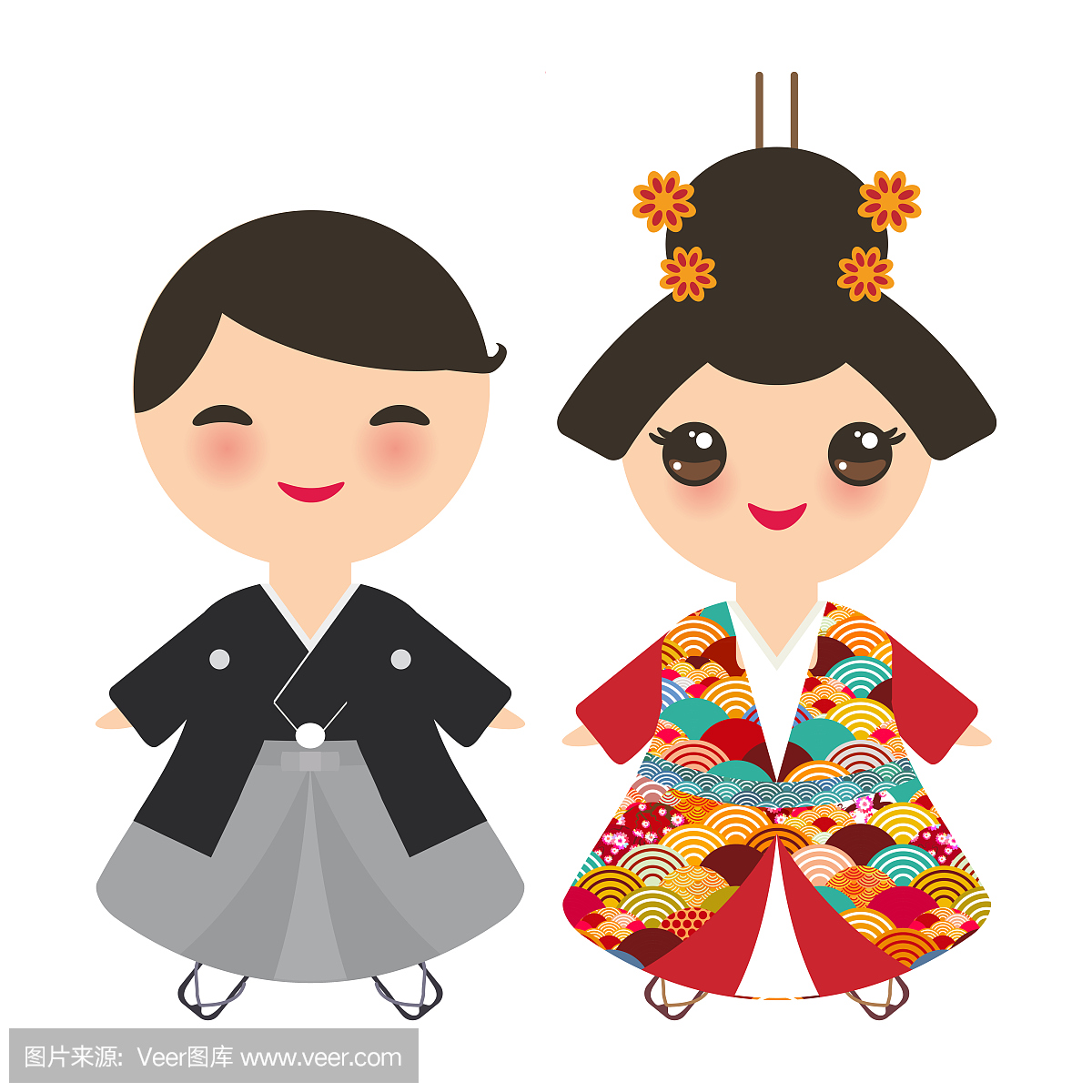 日本男孩和女孩穿着民族服装。和服,传统服饰