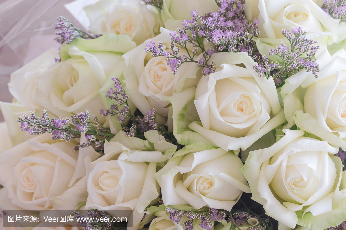 在关闭视图中的美丽甜美的白玫瑰花束。奢华浪