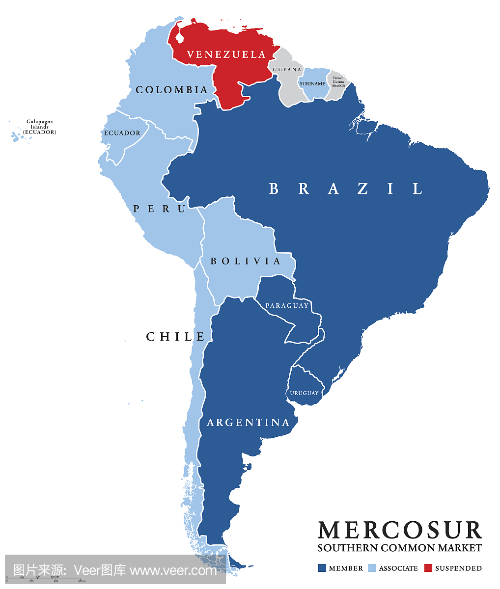 南锥体共同市场与暂停的委内瑞拉地图