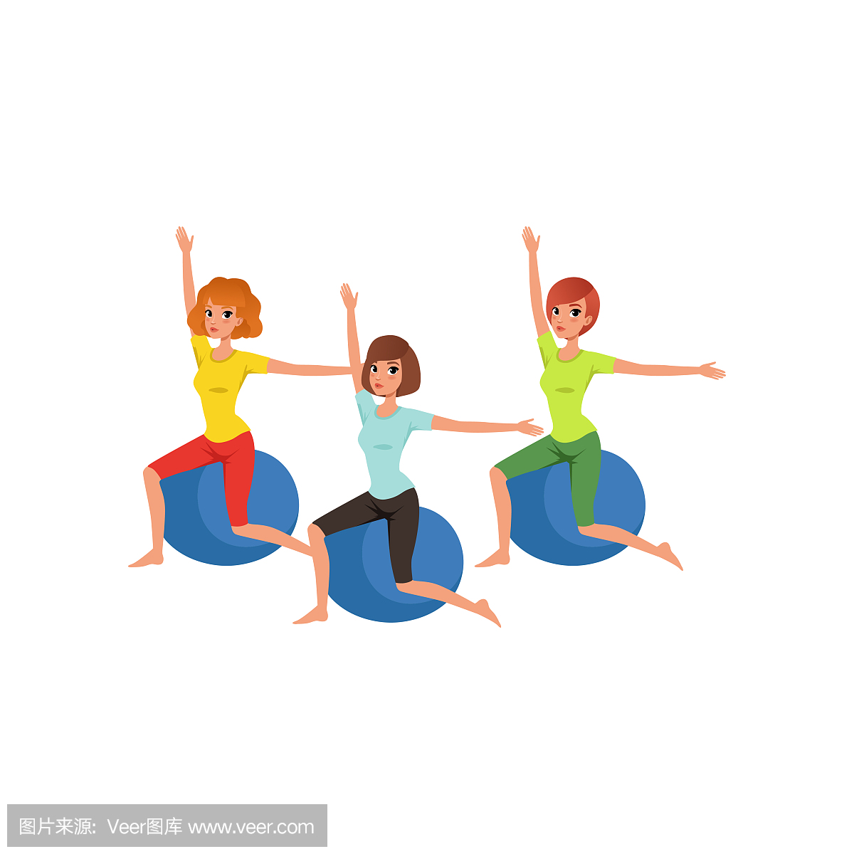 卡通女性人物与健身球锻炼。在健身房的人。三