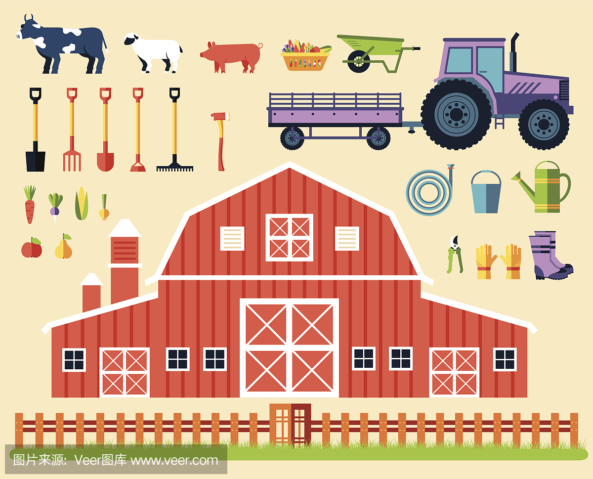 平的农场与乐器,蔬菜,水果,干草,动物,拖拉机,工