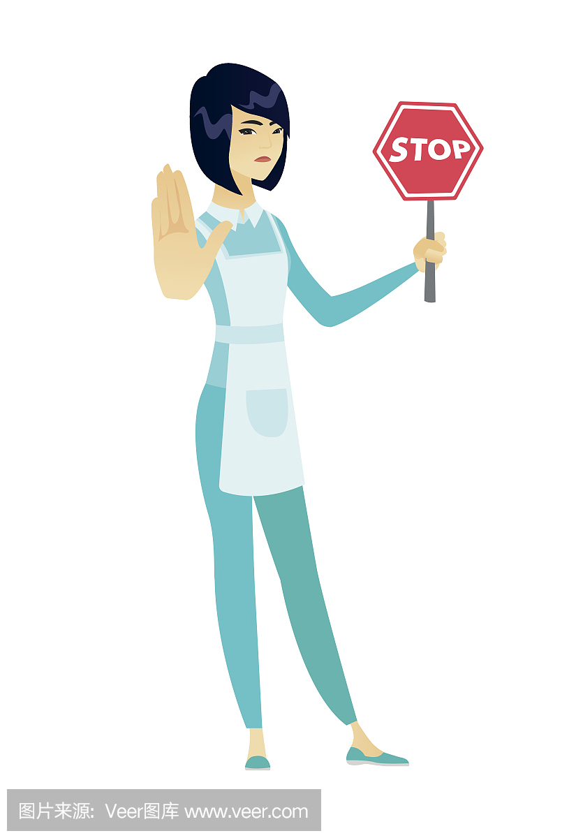 Asian cleaner holding stop road sign