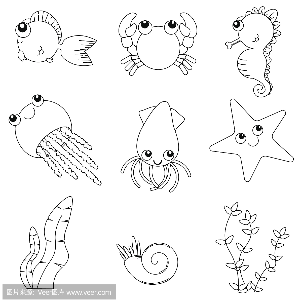 平面设计可爱的动物集。水下生活:鱼,水母,海马