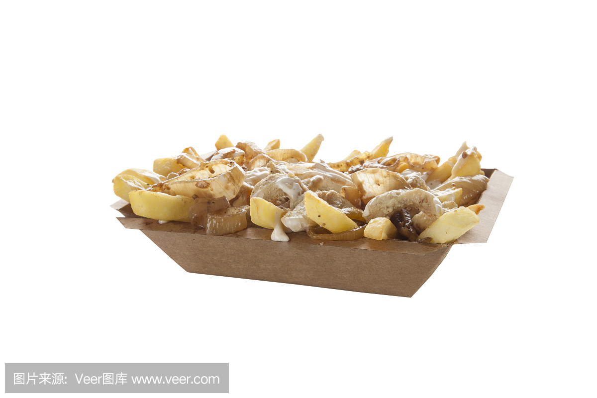 Poutine with caramelized onions and cheese