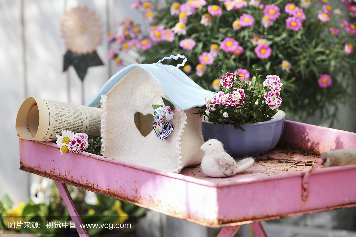 Birdhouse hand-crafted from white and sky blue