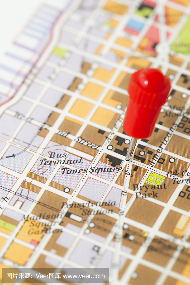 时代广场,纽约,图钉在地图上。旅行目的地。