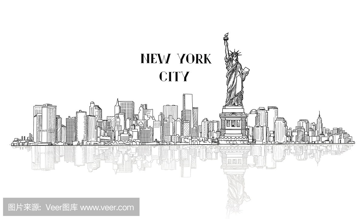 纽约,美国地平线素描城市剪影与自由纪念碑。