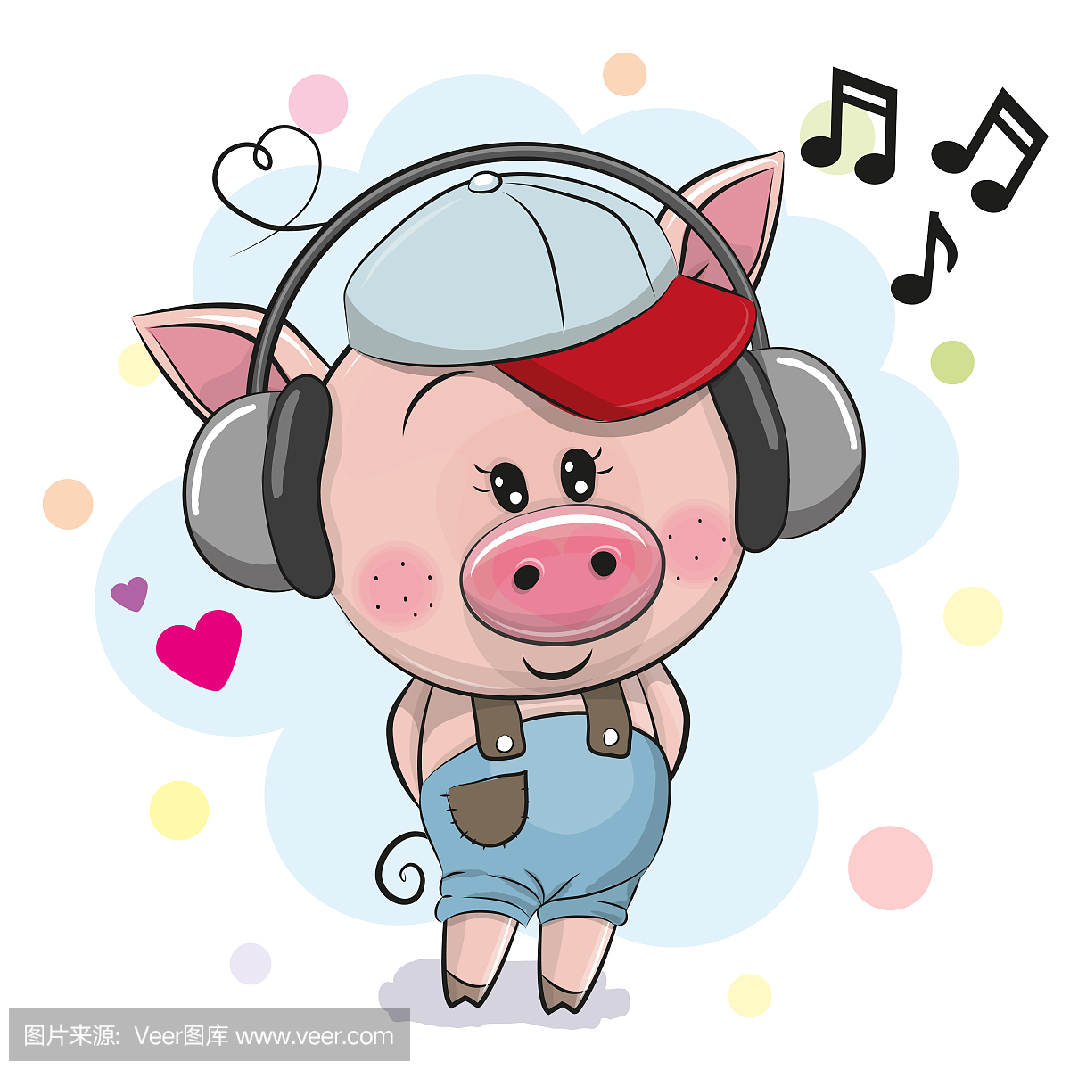 可爱的卡通猪与耳机