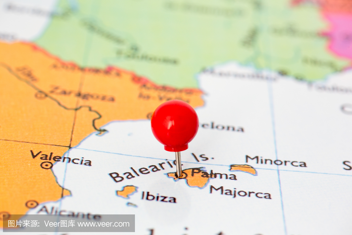 马略卡岛地图上的红色图钉