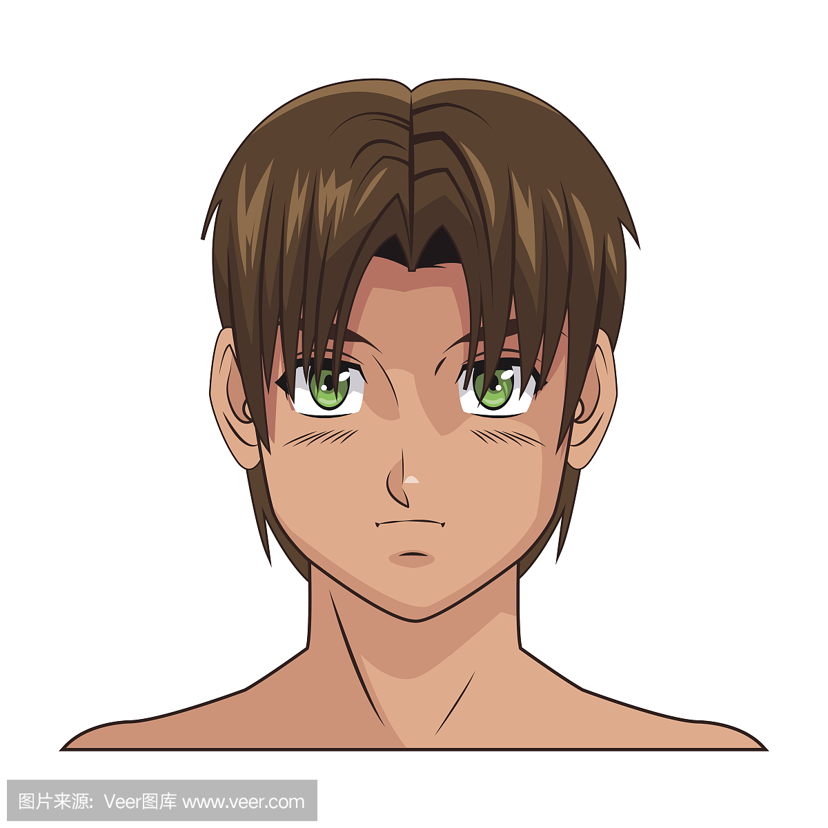 肖像脸漫画动漫男孩棕色头发绿色的眼睛