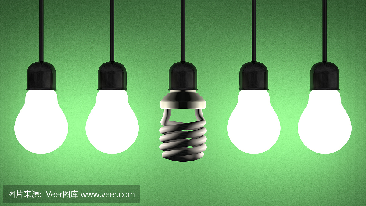死在螺旋灯泡挂在发光的钨之间的绿色