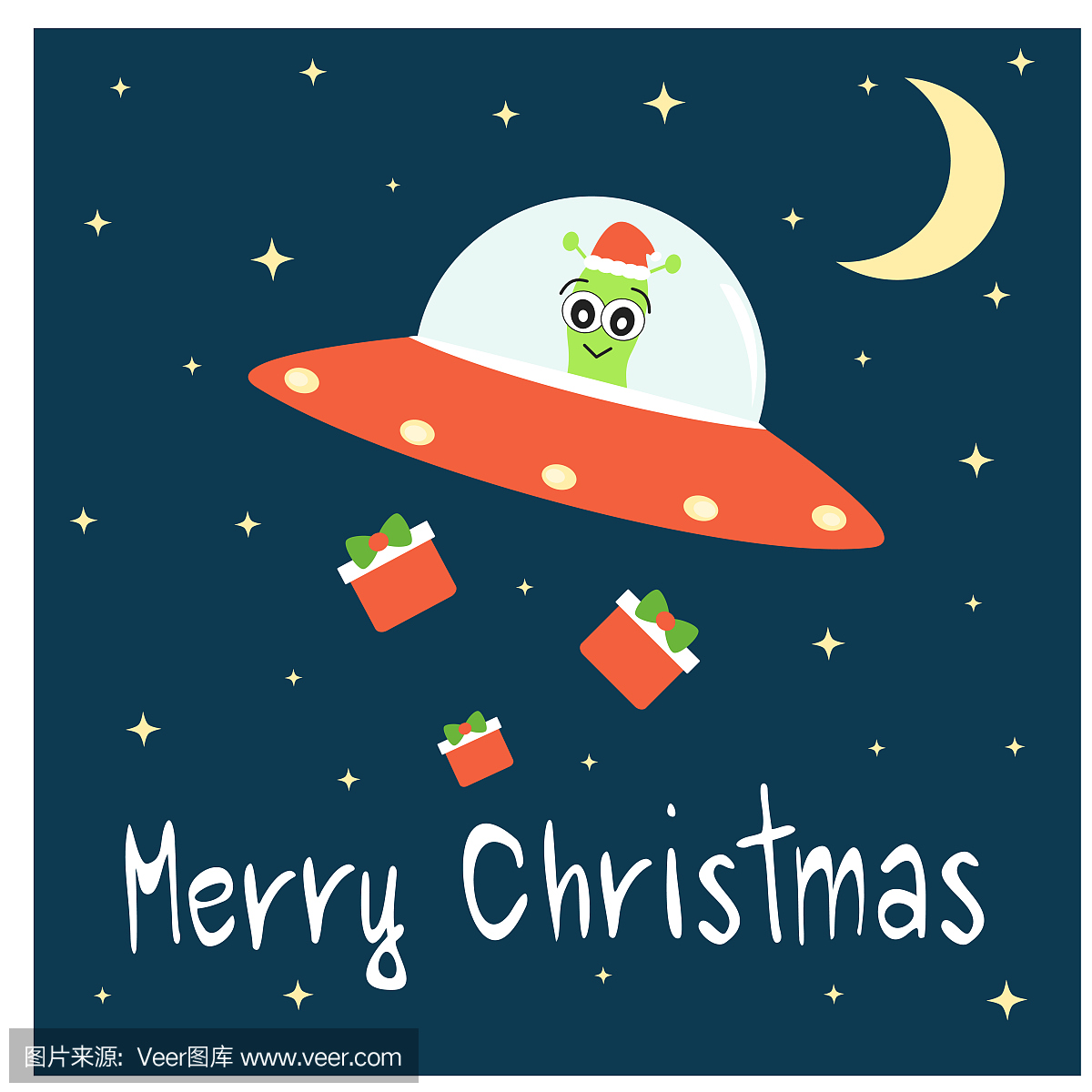 可爱的卡通手绘的快乐圣诞节刻字贺卡与外星人