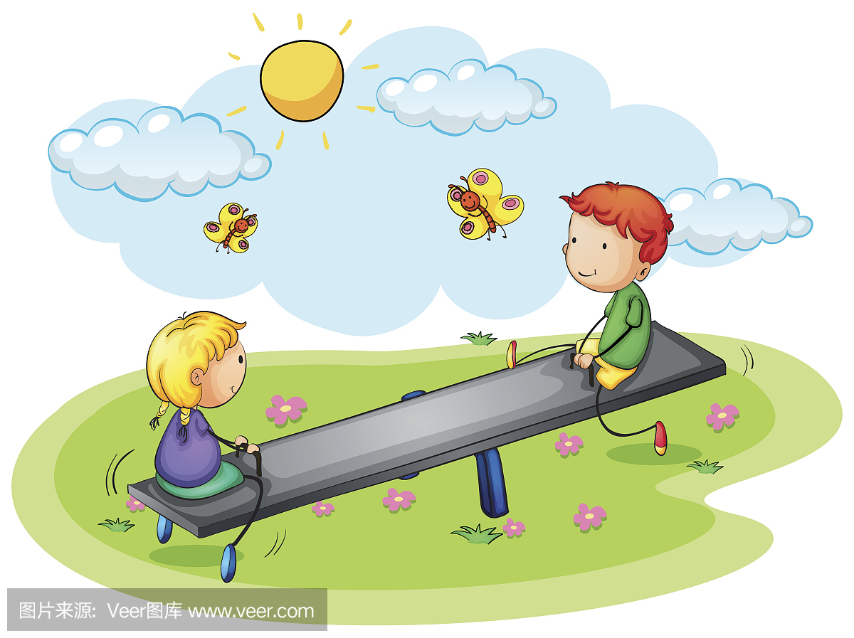 两个孩子在公园里玩跷跷板