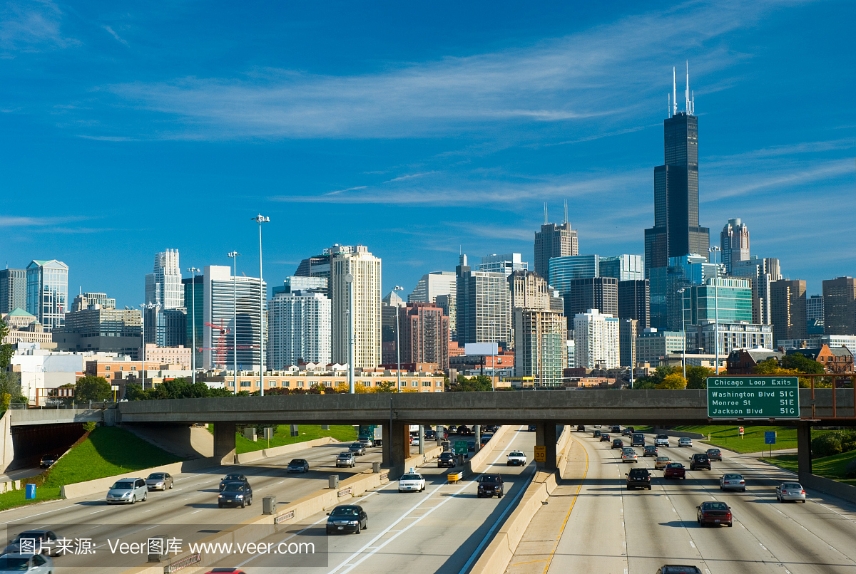 芝加哥市区天际线和高速公路