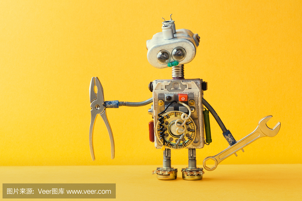 Hand wrench pliers robot handyman on yellow b