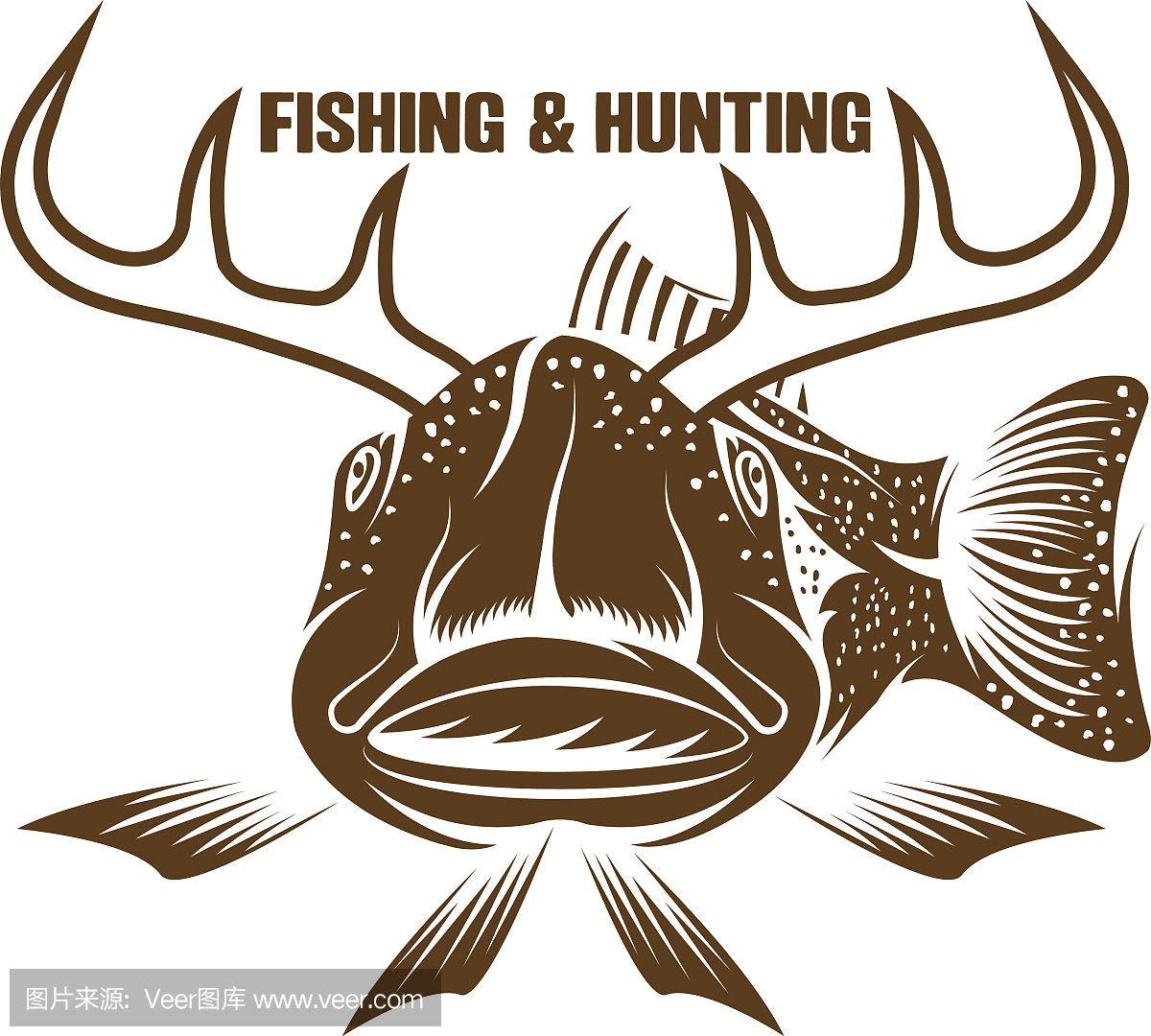 钓鱼和狩猎有趣的矢量图与角鱼