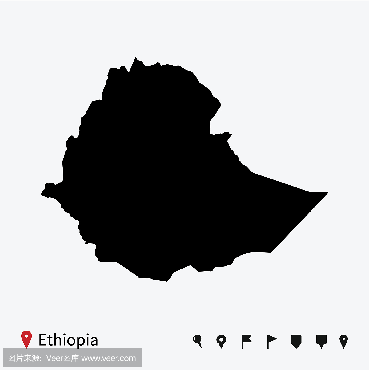 高详细的埃塞俄比亚矢量地图与导航针。