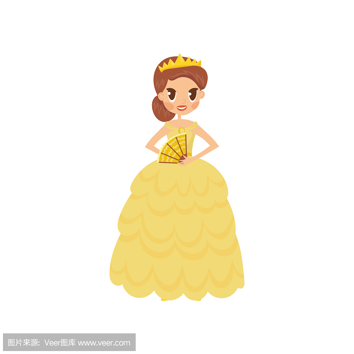 美丽的小公主在金色的裙子和皇冠矢量图在白色