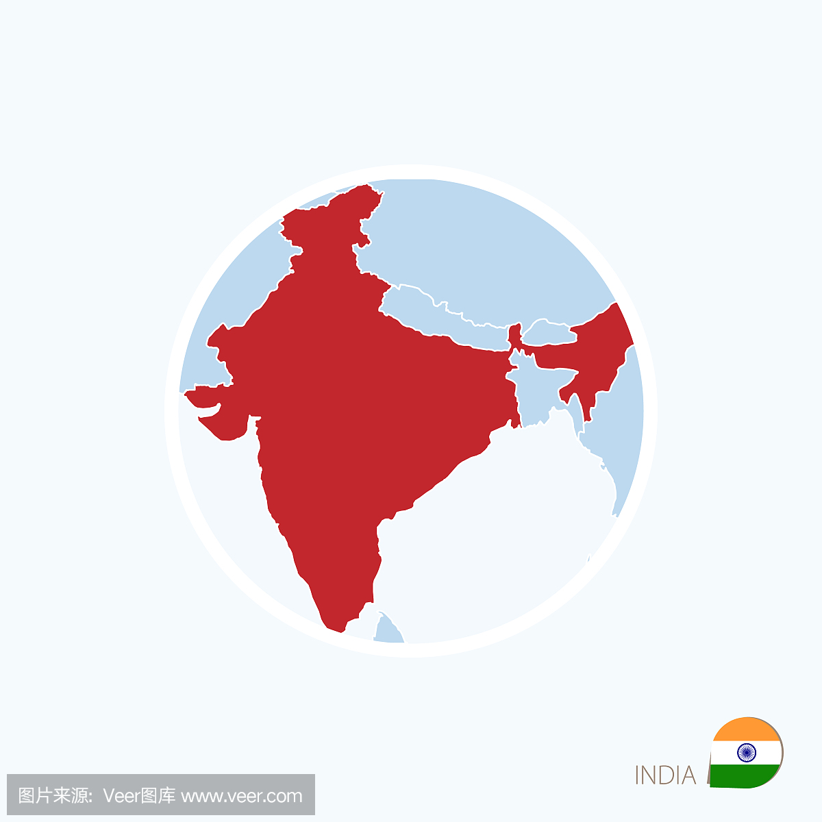 印度的地图图标。南亚的蓝色地图与突出显示在