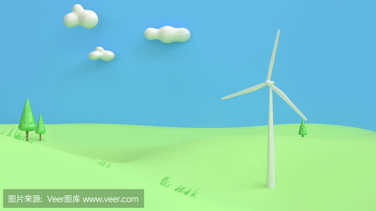 风力发电机组绿色领域山蓝天卡通风格抽象3d