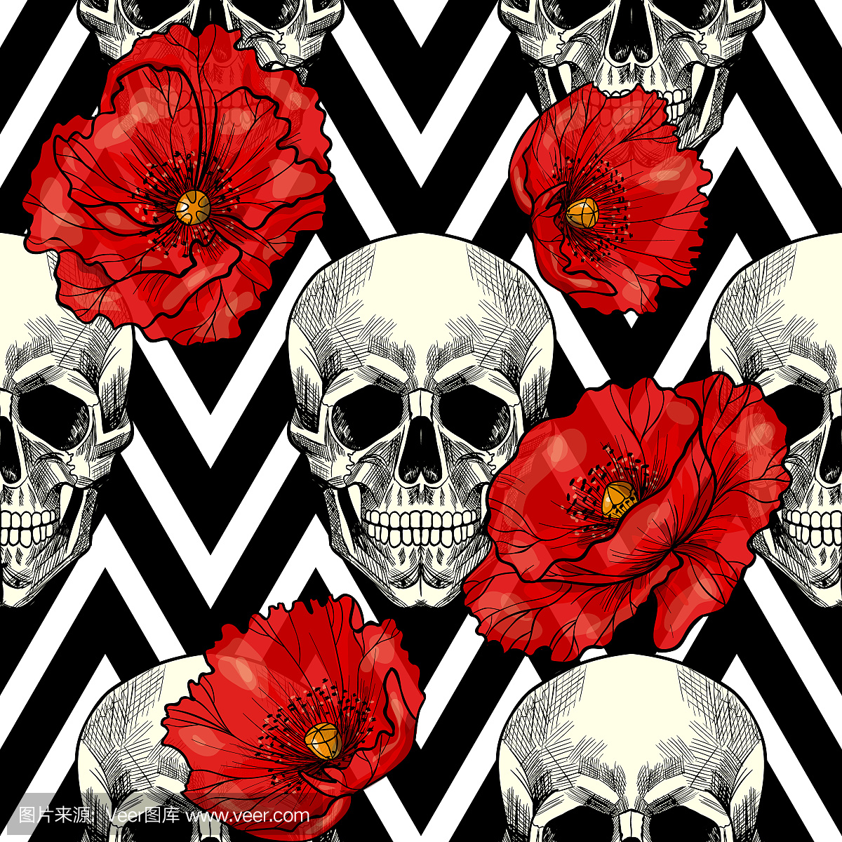 头骨和几何背景上的红色罂粟花