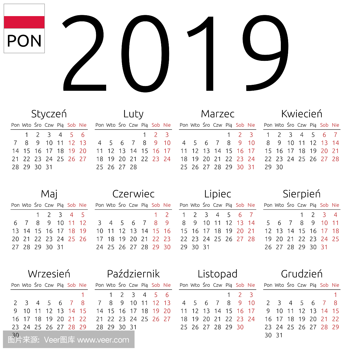 2019年日历,波兰语,星期一