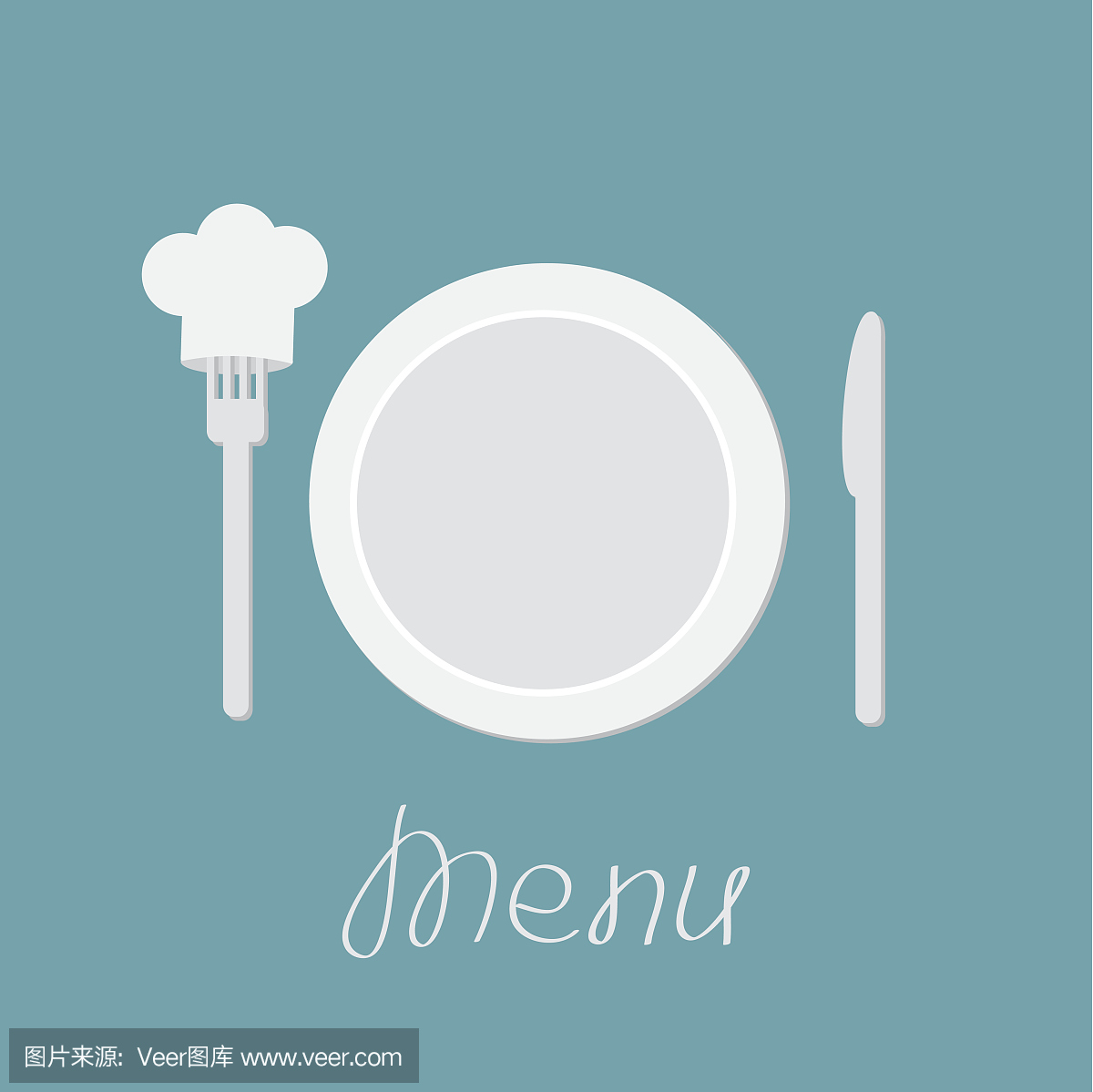 盘子,刀和厨师的帽子在叉子上。菜单卡。