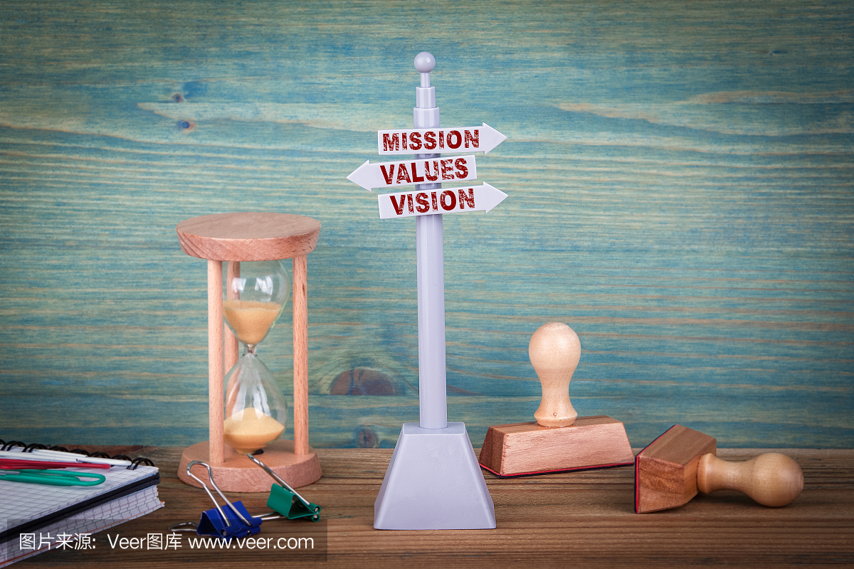 使命价值观愿景。在木桌上的路标