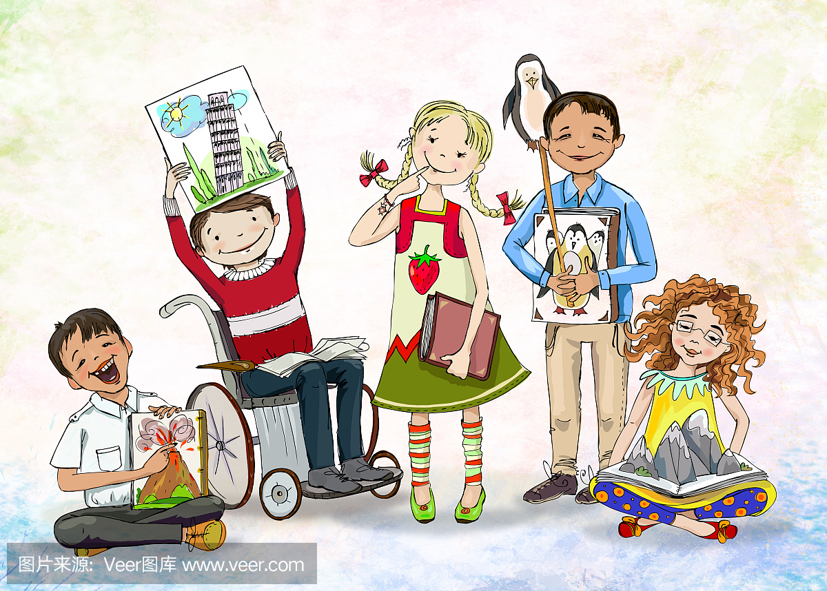 一群快乐的孩子,包括男孩在轮椅上,书籍。教育